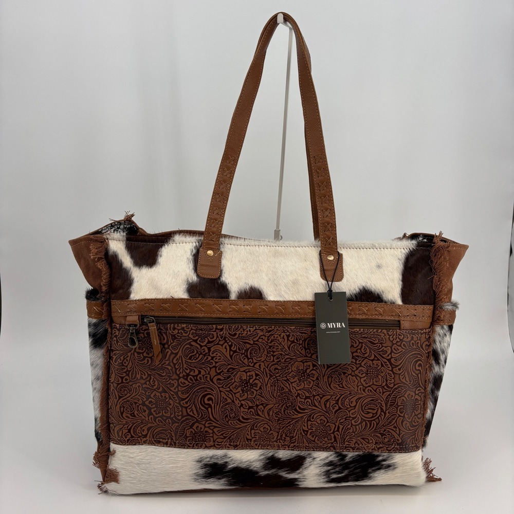 Myra Bag Forester Junction Weekender Bag Large Brown Cowhide Floral S-10917